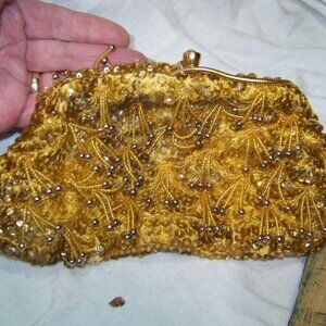 Vintage Gold Beaded Evening Bag Purse With Sequins And Beads Made in Hong Kong